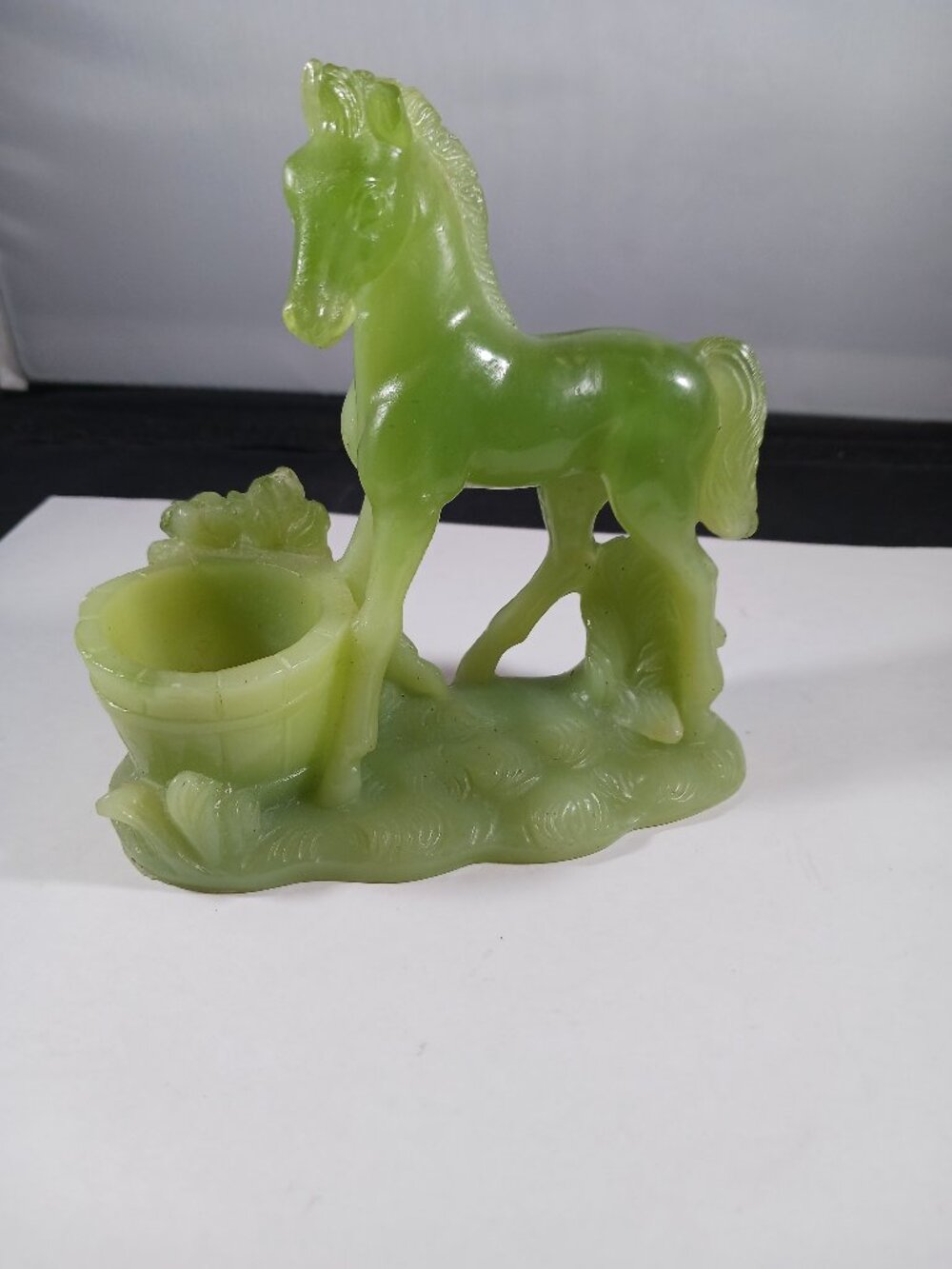 Vintage False Green Jade Resin Horse Sculptural Figurine Footed 5” Tall